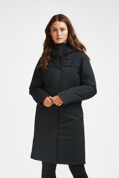 Manteau chaud noir pour femme. Manteau en polyester fabriqué au Québec 