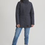 Manteau d'hiver gris foncé et court pour femme. Longueur en dessous des hanches. 
