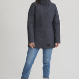 Manteau d'hiver gris foncé et court pour femme. Longueur en dessous des hanches. 