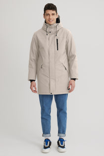 Manteau d'hiver pour homme mi-cuisse. Manteau avec double capuchon et poches latérales