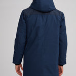 Manteau chaud bleu marin coupe allongée au dos.