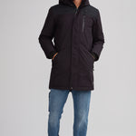 Manteau noir sportif pour homme. Double capuchon et coupe allongée au dos.