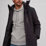 Manteau chaud noir pour homme. Isolant synthétique. Tissus de polyester recyclé.